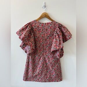 Ruffle Sleeve Red and Pink Floral Mini Dress